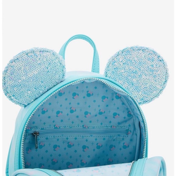 NEW Loungefly Disney Minnie Mouse blue Sequin Bow Mini Backpack and wallet set - Picture 7 of 12